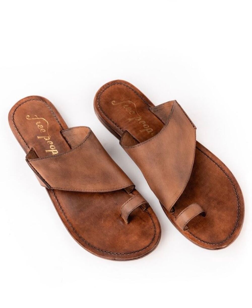 Free People Sant Antoni Brown Leather Toe Loop Slide Sandals Size 7.5